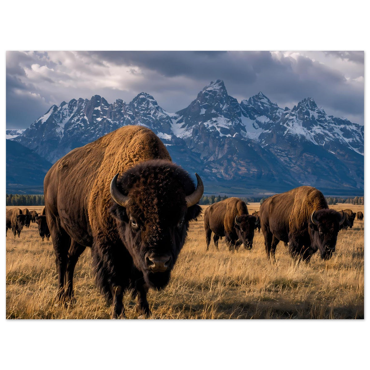 Poster mit Büffelherde, Vordergrundbison im Fokus und weitere Tiere der Gruppe