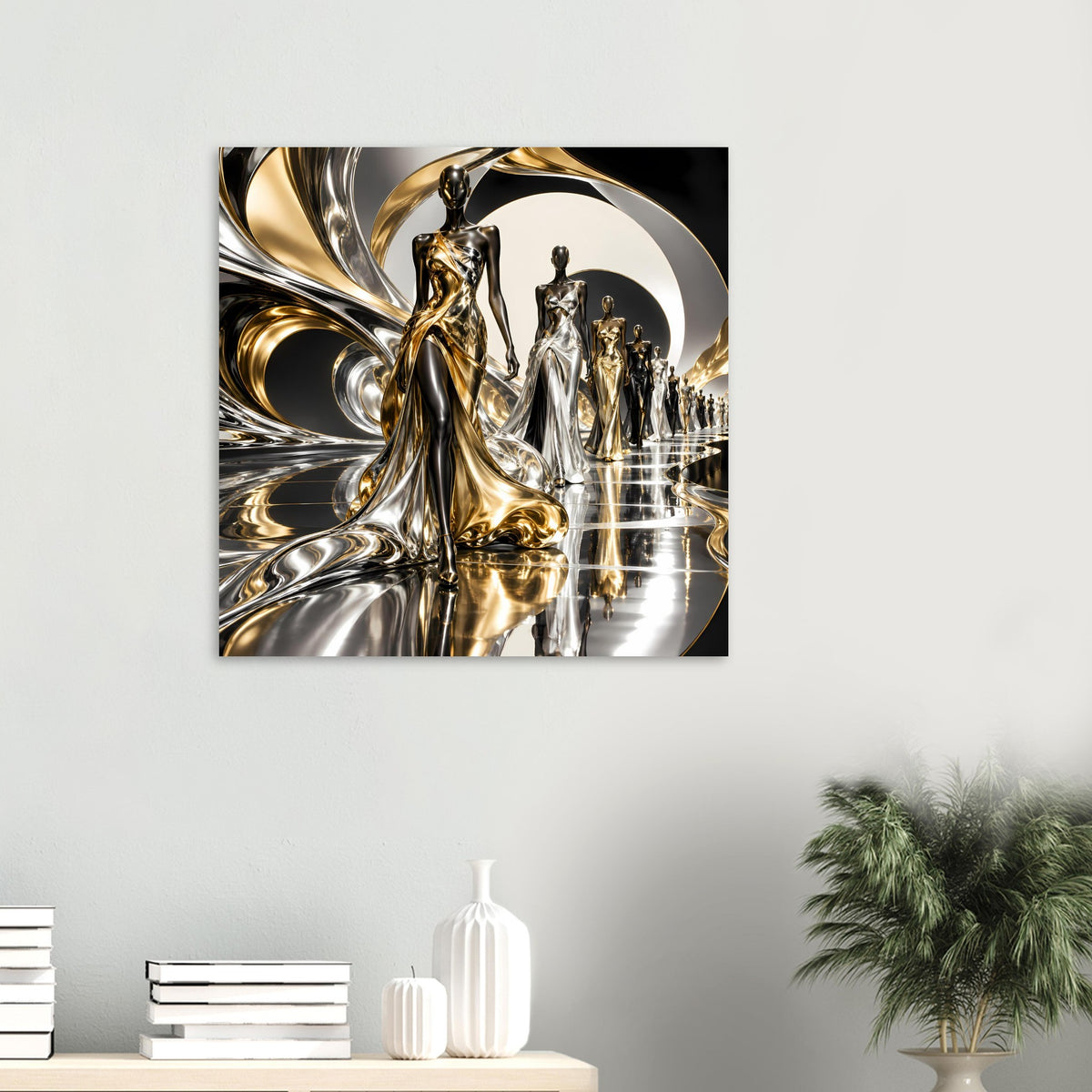 Kleines Gold-Silber Poster im Quadratformat mit stehenden, silbern-goldenen Figuren