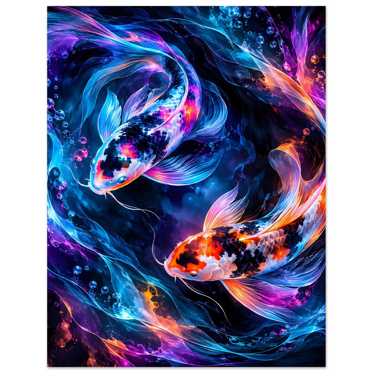 Poster mit leuchtenden Koi-Fischen in Blau- und Orangetönen, detailreiche Flossen mit Glanzrand