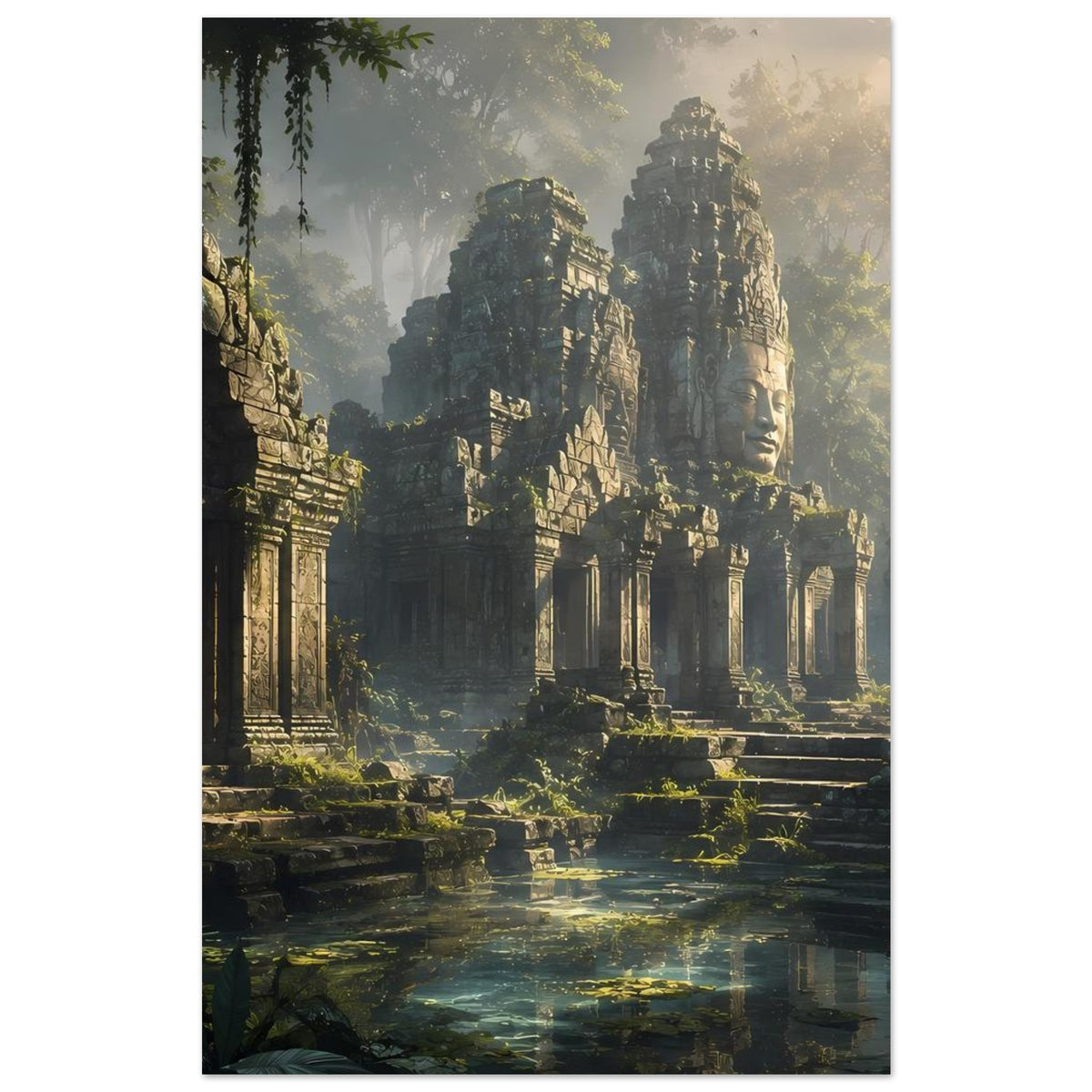 Poster im Hochformat mit Tempelruinen, Wasserfläche und steinernen Gängen