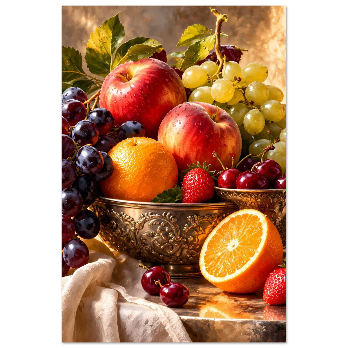 Vertikales Fruchtstillleben-Poster mit Obstschale: dunkle Trauben, Äpfel, Orange und Erdbeeren