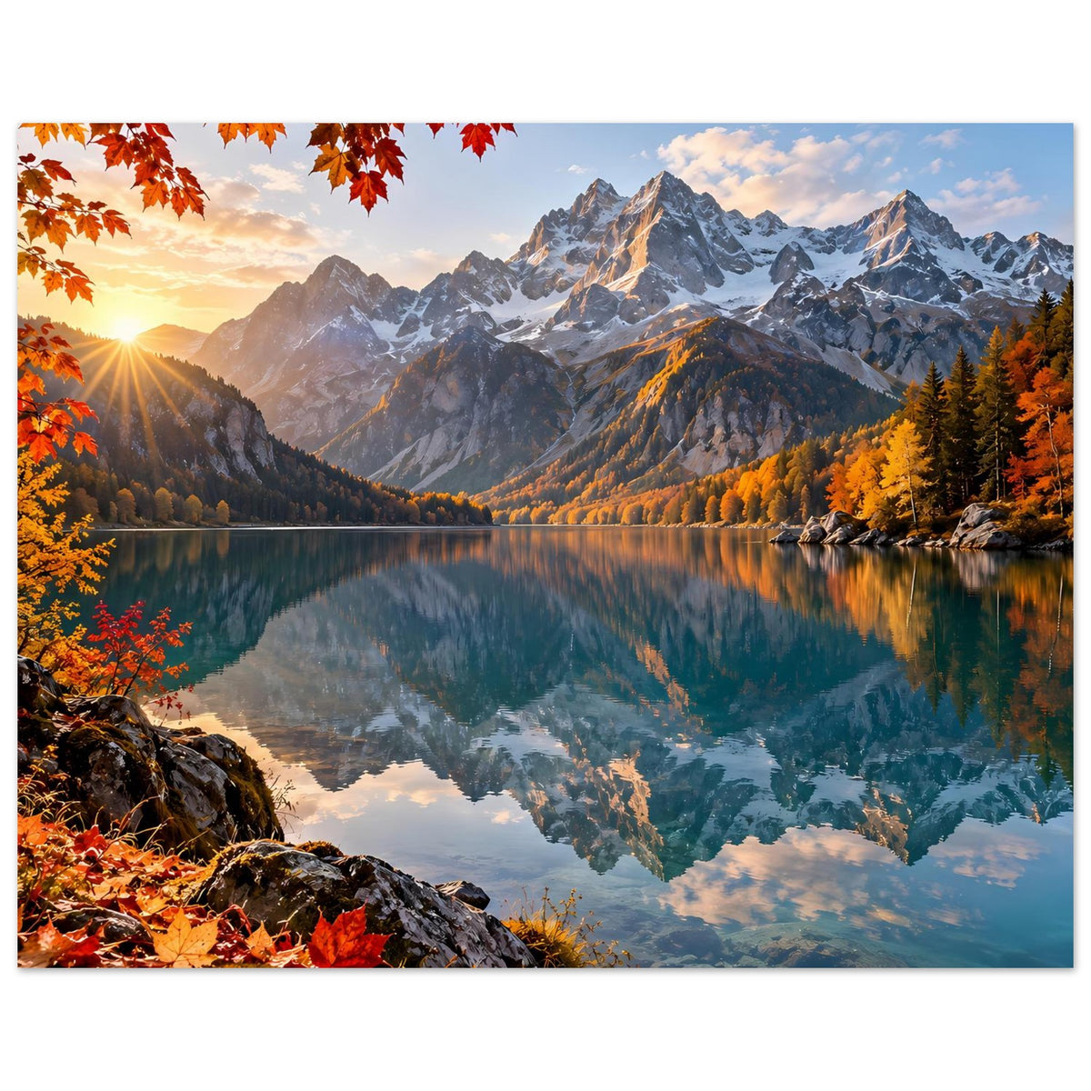 Herbstliches Landschaftsposter: Alpenberge, Bergsee mit Spiegelung und orange Laubblätter