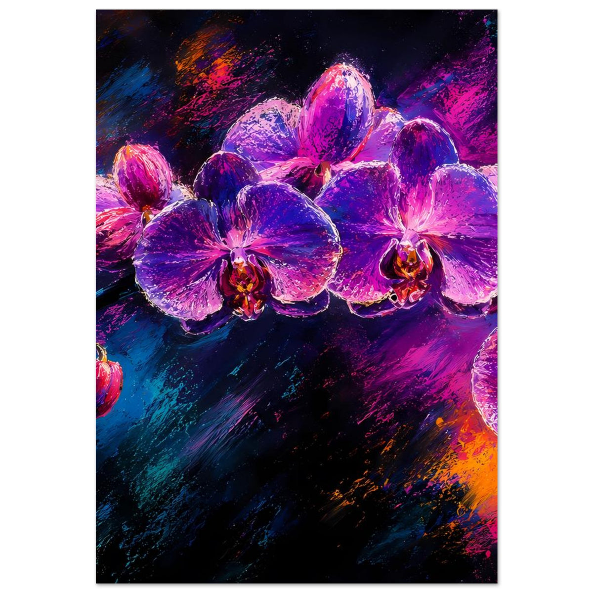 Vertikales Blumenposter mit mehreren violetten Orchideen in kräftigen Pink- und Blautönen