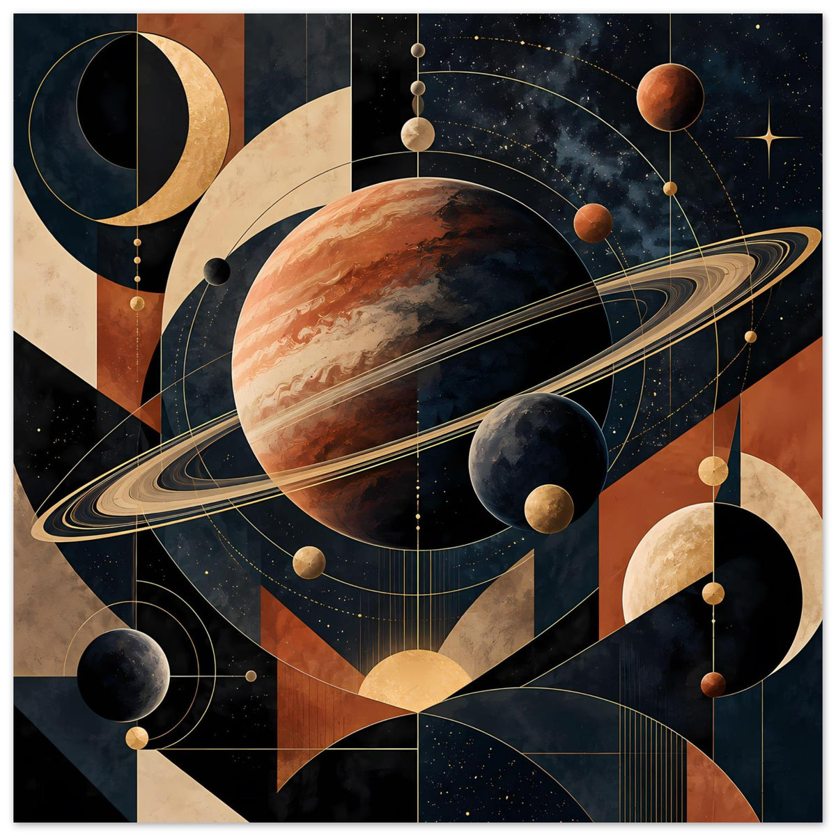 Poster mit zentralem Planeten, Ring und schwebenden Kugeln, goldene Bahnen auf dunklem Raumhintergrund