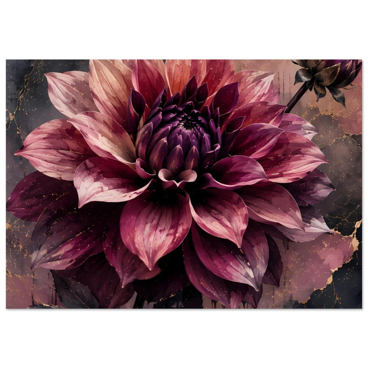 Blumenposter: violette Dahlie mit rosa Highlights, goldene Linien und samtiger Blütenkern