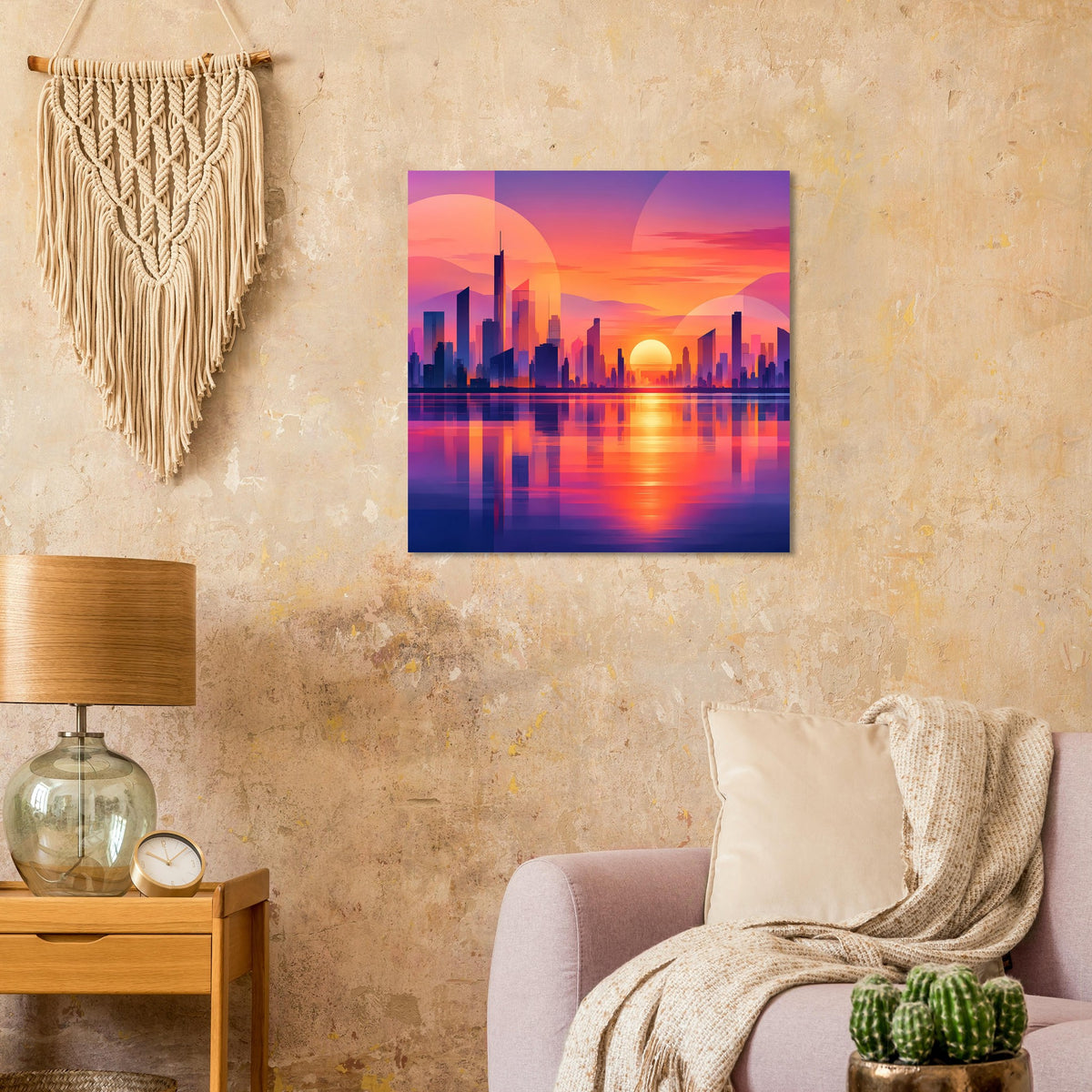Quadratisches Stadtposter mit farbigem Sonnenuntergang über der Skyline und spiegelndem Wasser