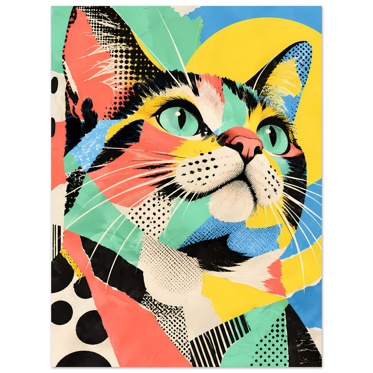 Vertikales Poster: Pop-Art-Katze mit grün leuchtenden Augen und kräftigen Farbflächen