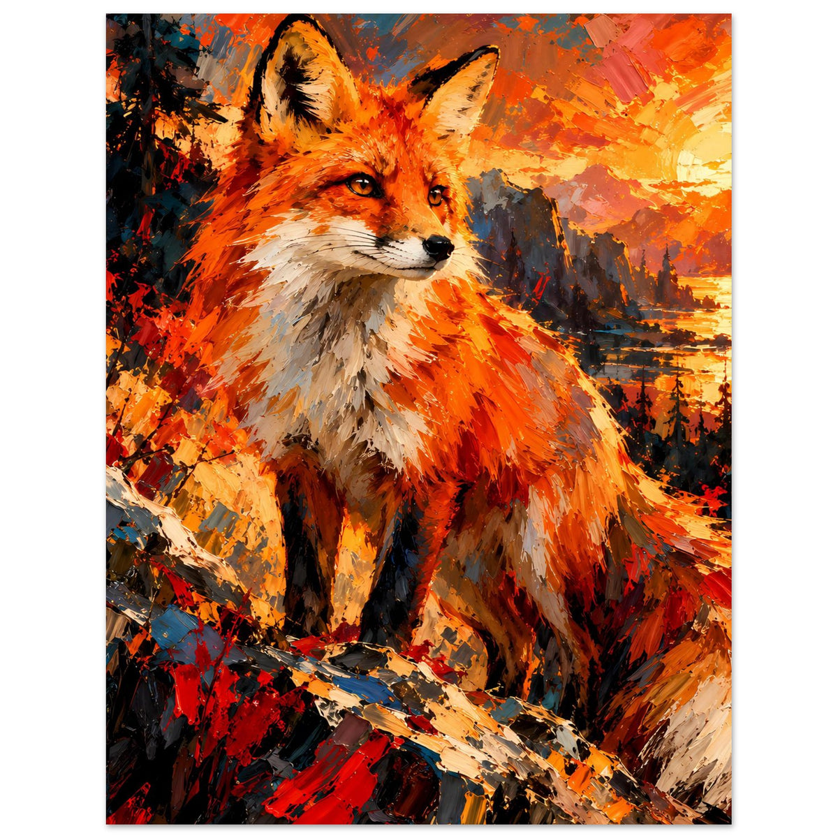 Fuchs-Porträtposter, Darstellung von Kopf bis Rumpf mit leuchtenden Herbstakzenten