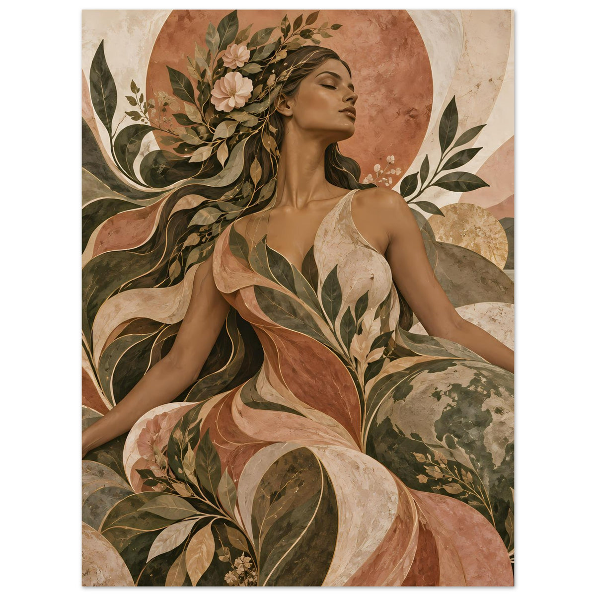 Kunstposter im Hochformat: Porträt einer Frau im Profil mit Blumenkranz und Blätterornament
