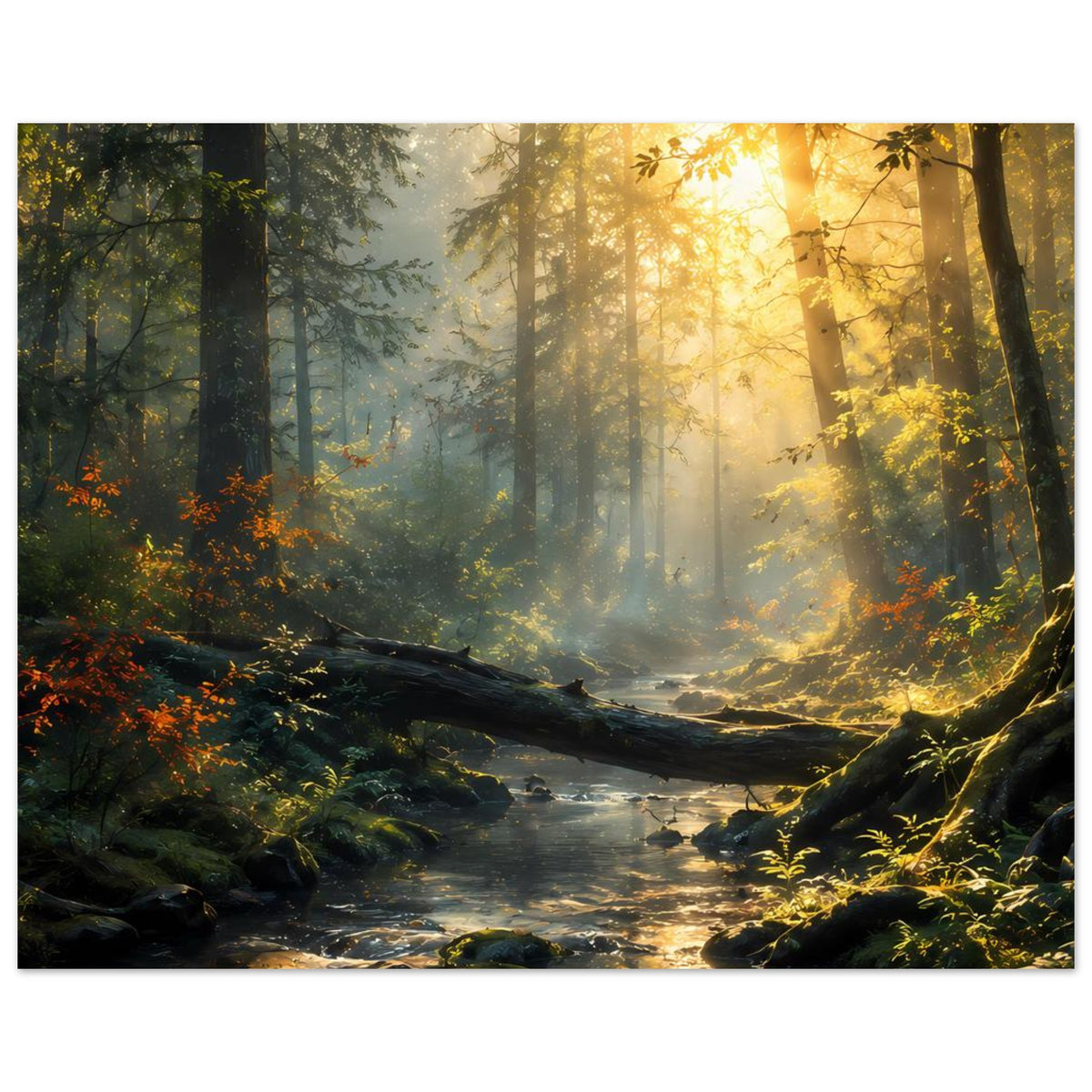 Poster mit Waldstrom und Sonnenaufgangslicht, Büsche und Steine, querformat