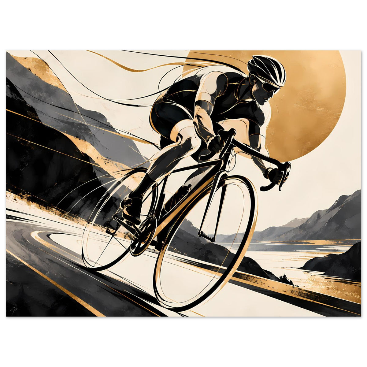 Sportposter in Querformat mit Radfahrer in Schwarz und Gold, Fahrt auf Straße