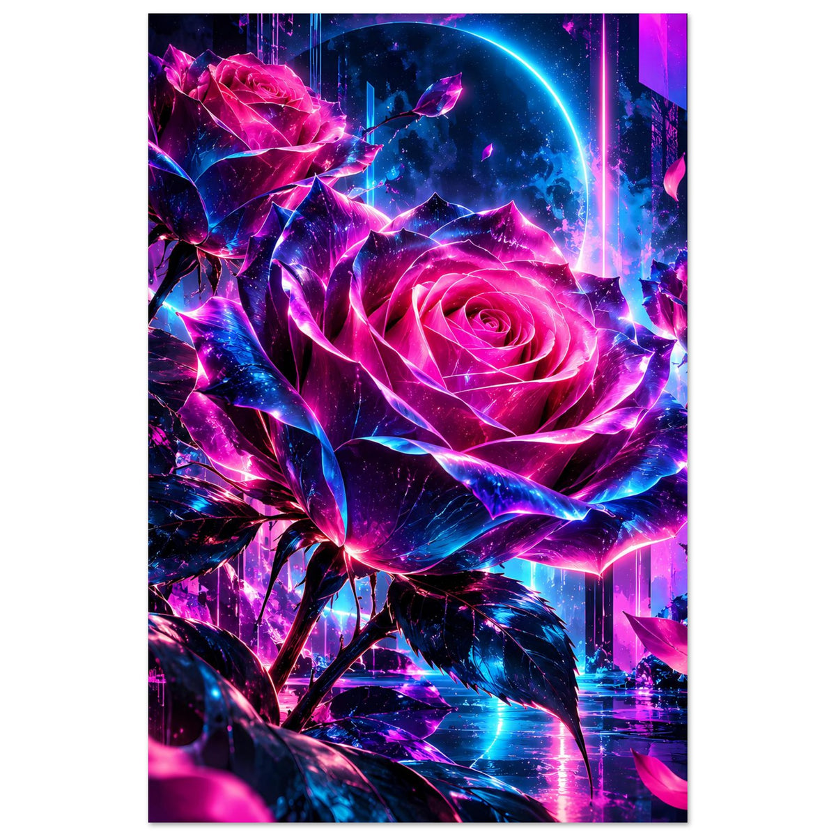 Vertikales Kunstposter mit Pink-Blau Neonrose, violette Blätter und Lichtstreifen