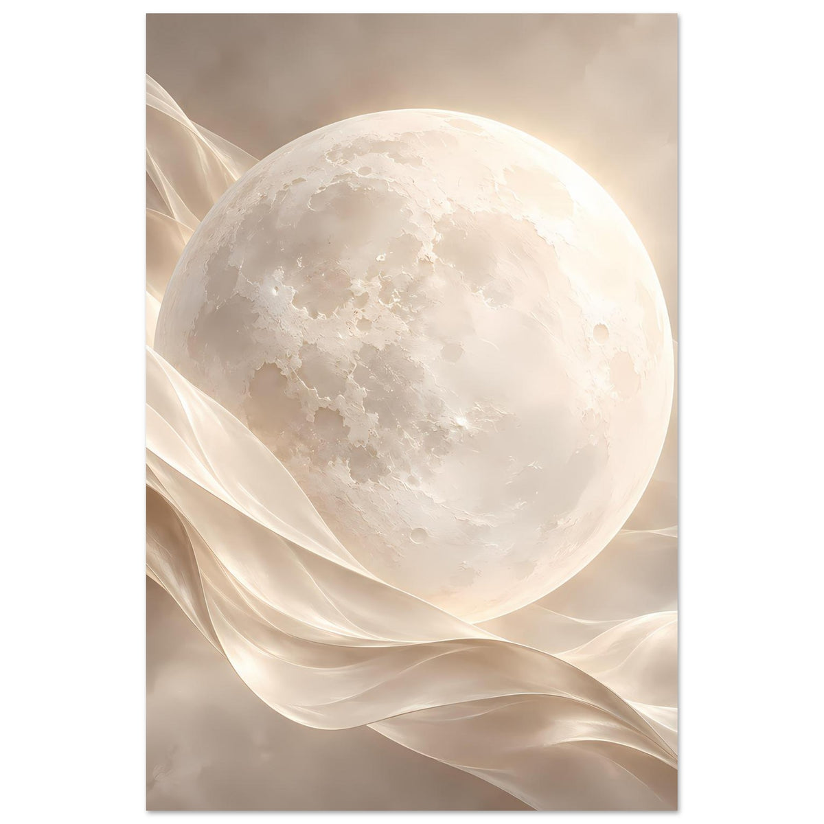 Poster im Hochformat: Vollmond über weichen, beige-cremigen Stoffwellen