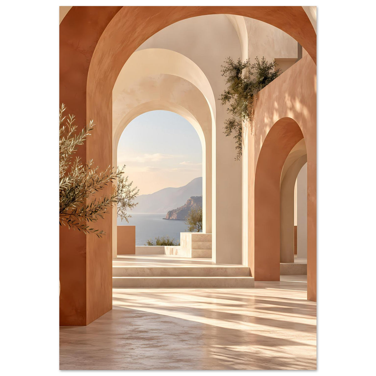 Mediterranes Poster mit mehreren Rundbögen, warmen Terracotta- und Cremeflächen, Landschaft im Hintergrund