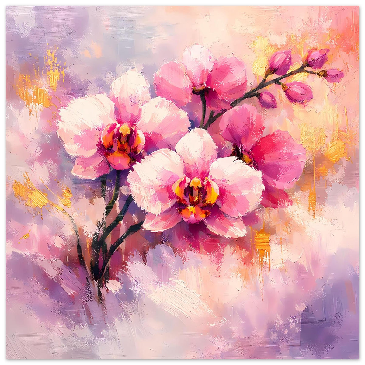 Orchideenblüten-Poster: rosa und weiße Orchideenblüten auf dunklem Ast, goldene Sprenkel