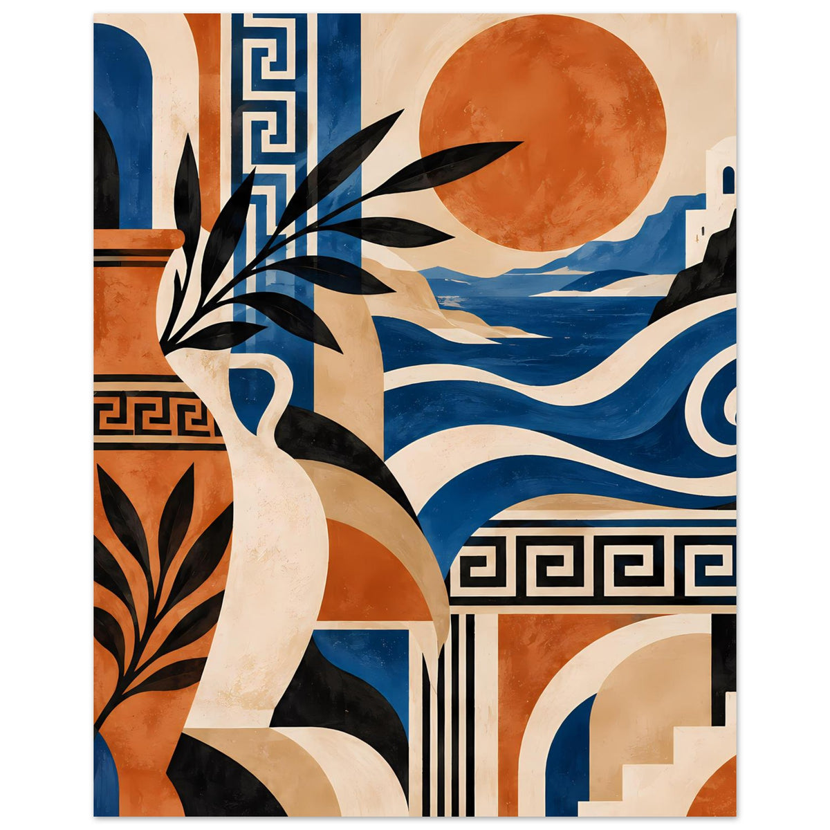 Hochformat-Kunstposter mit Aktfigur, orange Sonne, blauen Wellen und stilisierten Gebäuden