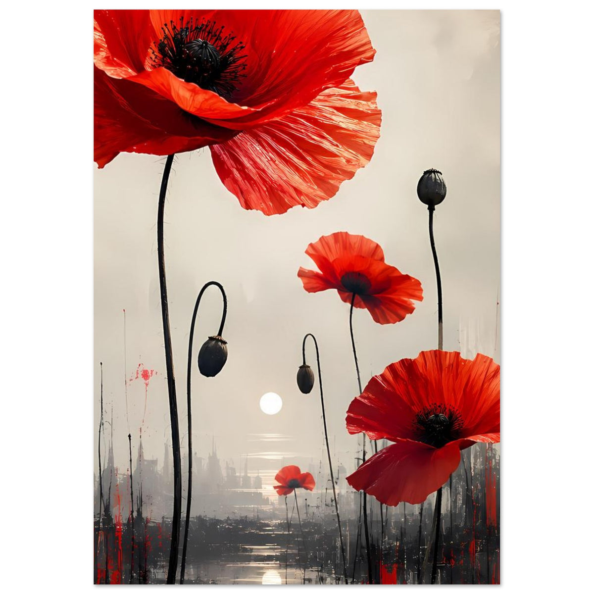 Abstraktes Blumenposter mit roten Mohnblumen, großen Blüten und schwarzen Stielen