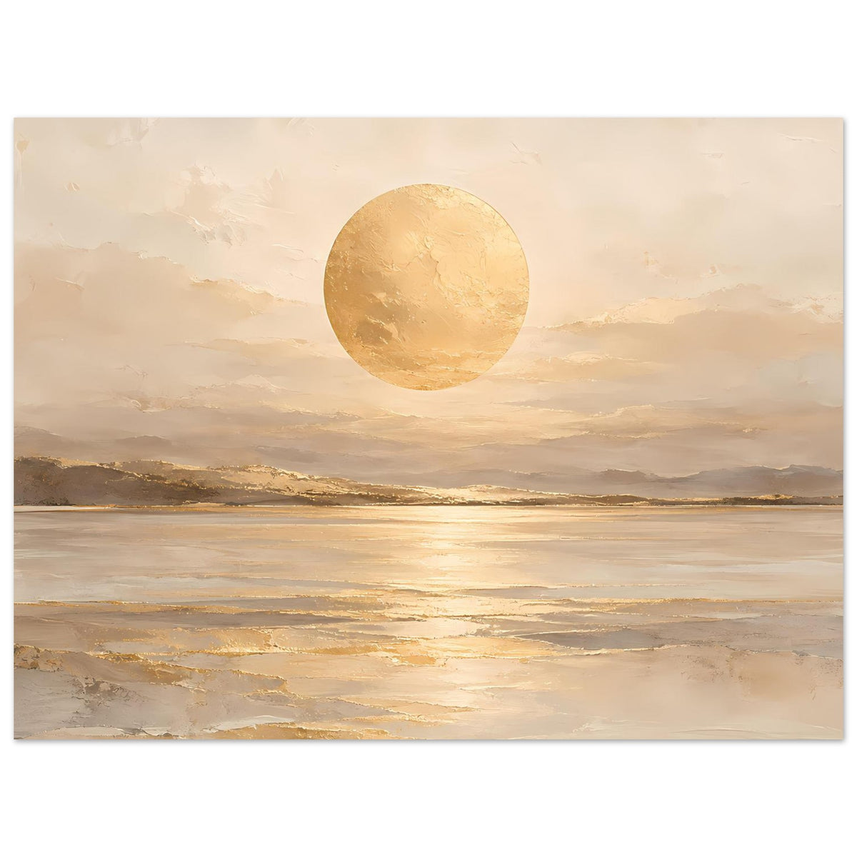 Querformat-Kunstposter mit beigem See, goldener Kreisform am Himmel und warmen Reflexen