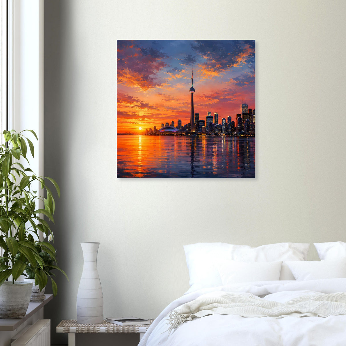 Poster mit Skyline bei Sonnenuntergang: orangefarbene Wolken, Fluss und Fernsehturm.