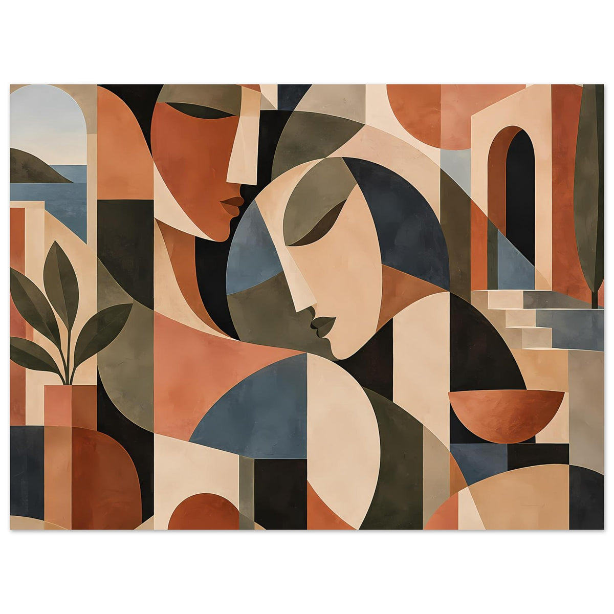 Kunstprint mit abstrakten Gesichtern, geometrischen Vierecken und kräftigen Terrakotta- und Brauntönen