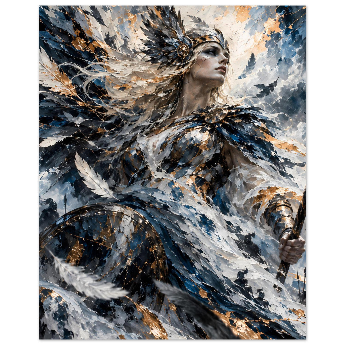 Poster mit Valkyrie-Motiv in Blau, Weiß und Gold, mit Schild und Schwert, Hochformat