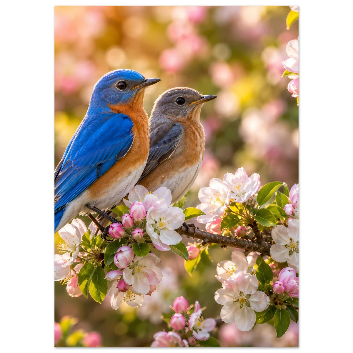 Poster: Zwei Singvögel auf blühendem Ast, blaue Farbe und rosa Blüten