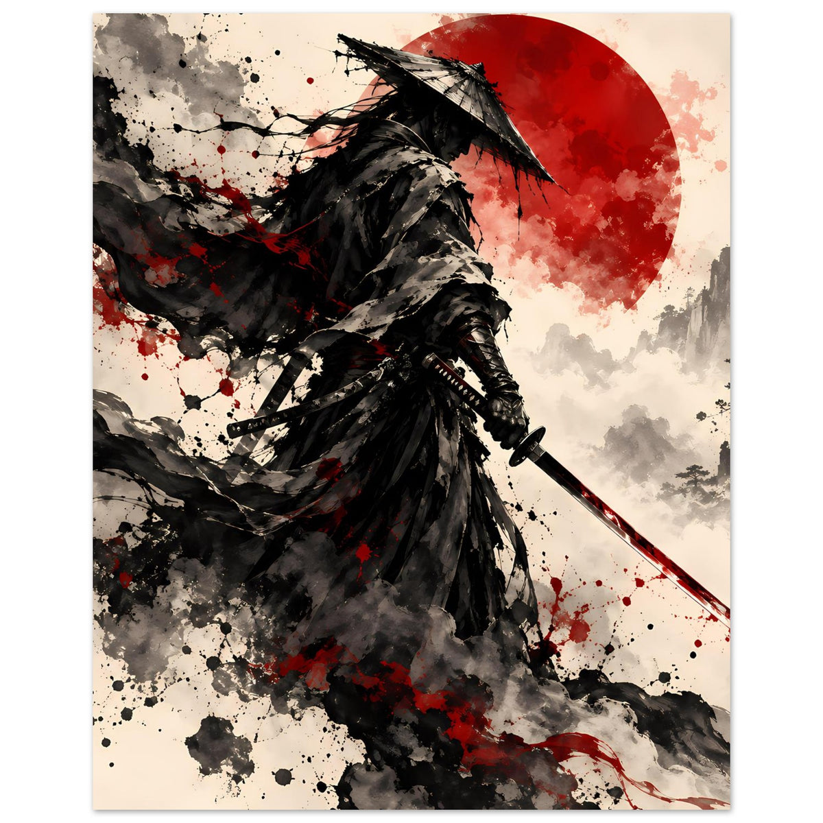 Samurai-Krieger-Poster: roter Mond, schwarzer Umhang, Schwert diagonal, Tinten-Spritzmuster.