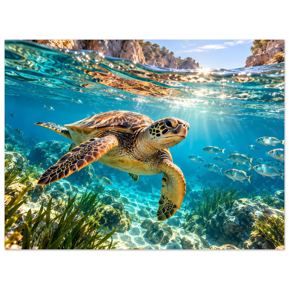 Poster: Meeresschildkröte im Meer unter Wasser, Querformat