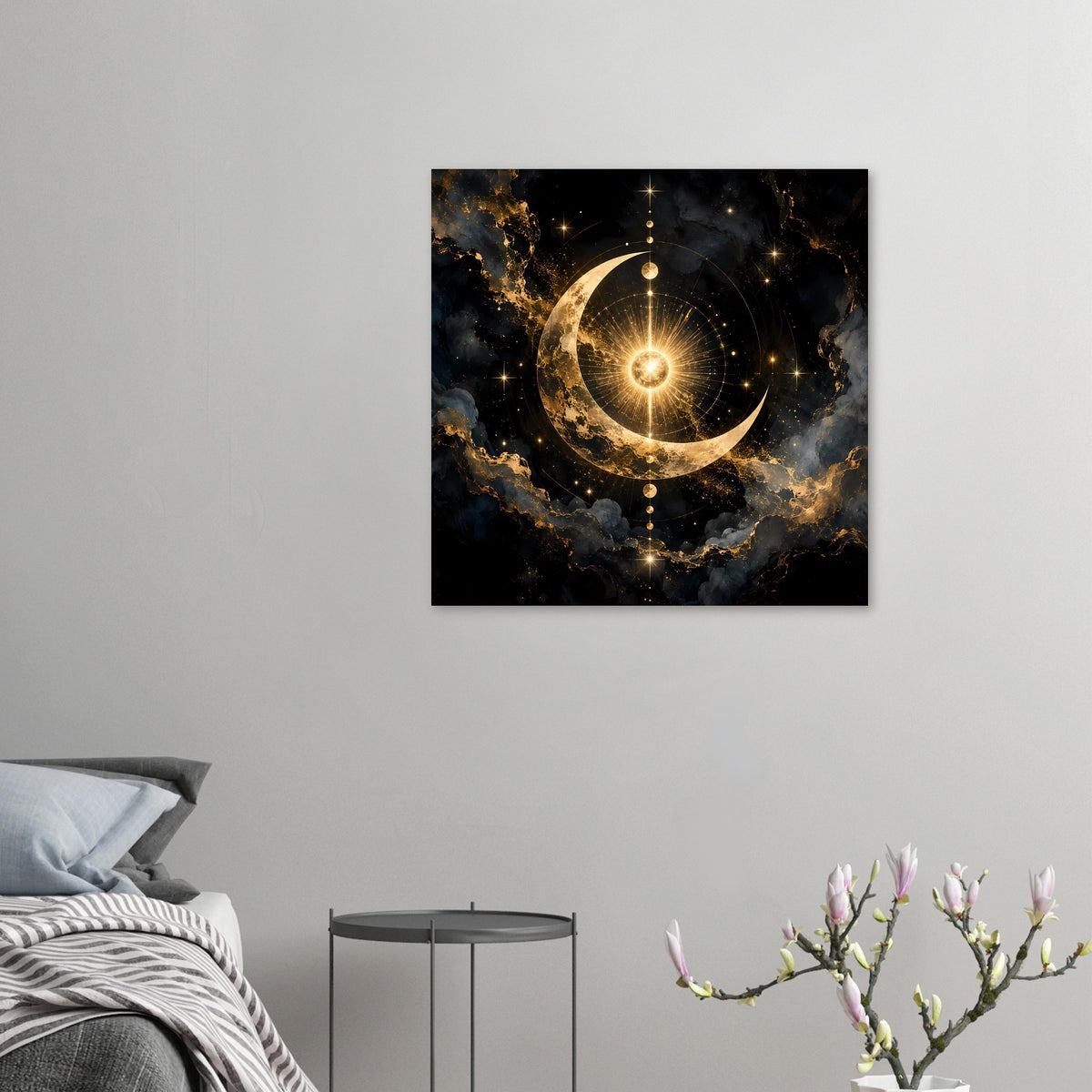 Kleines horizontales Wandposter mit goldener Mondsichel, Sternen und Kreisringen