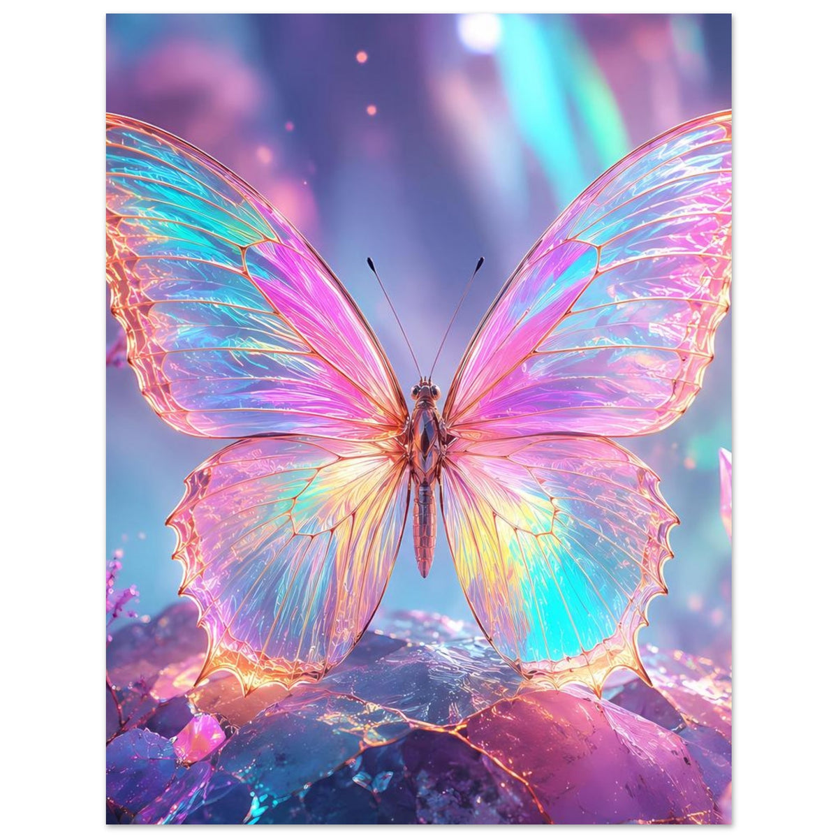 Quadratisches Fantasy-Poster mit Regenbogen-Schmetterling und funkelndem Kristallmotiv.