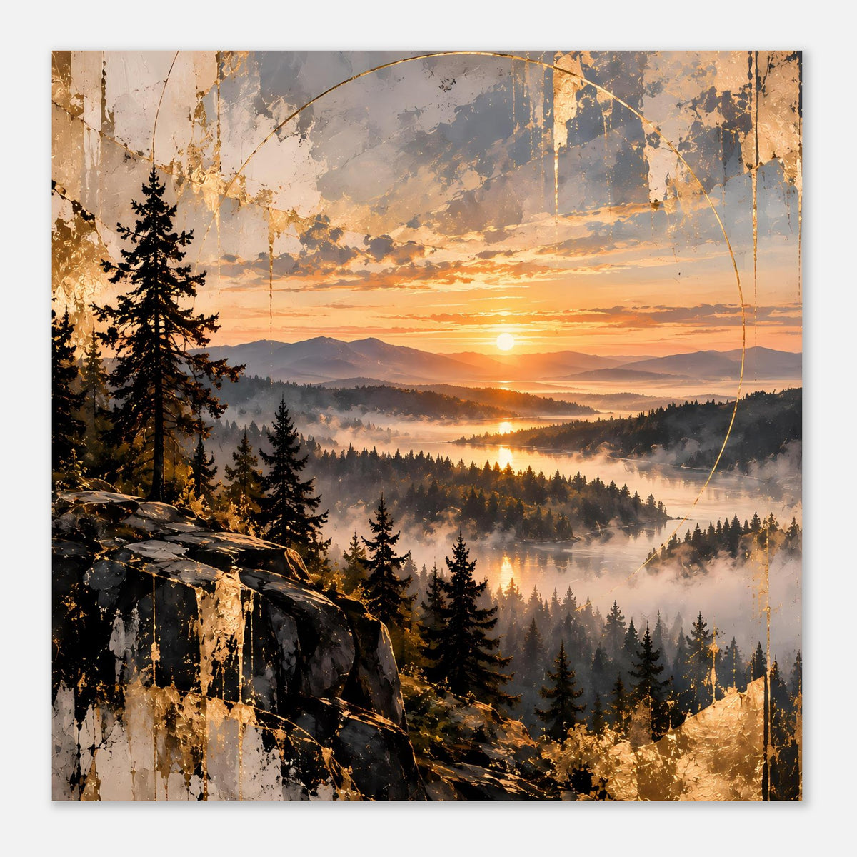 Landschaftsposter im Hochformat mit Sonnenuntergang, großer Sonne, Tannenwald und Nebel
