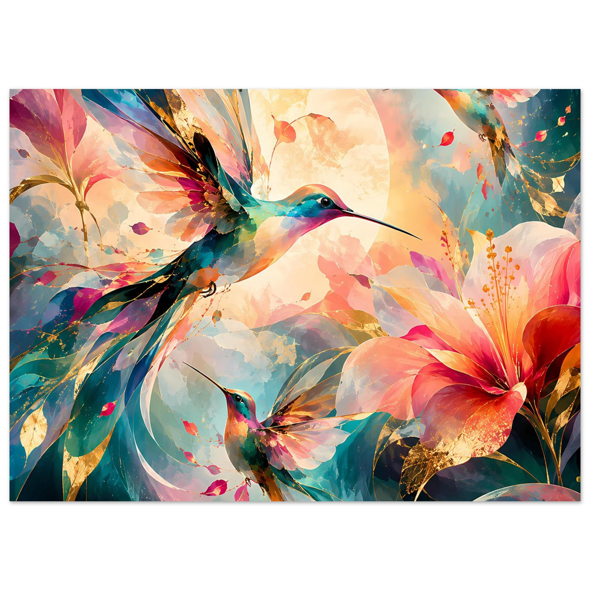 Querformat-Kunstposter mit Kolibris und leuchtenden Blüten, detailreiches Farbspiel
