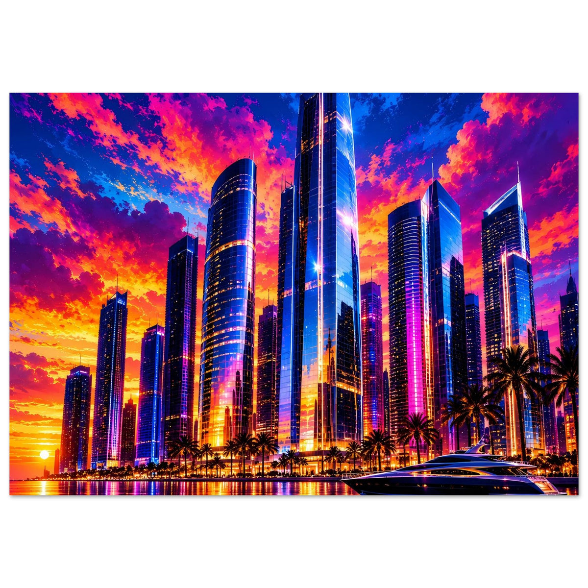 Poster Skyline im Sonnenuntergang, markante Türme, Palmen und Lichtreflexe im Wasser