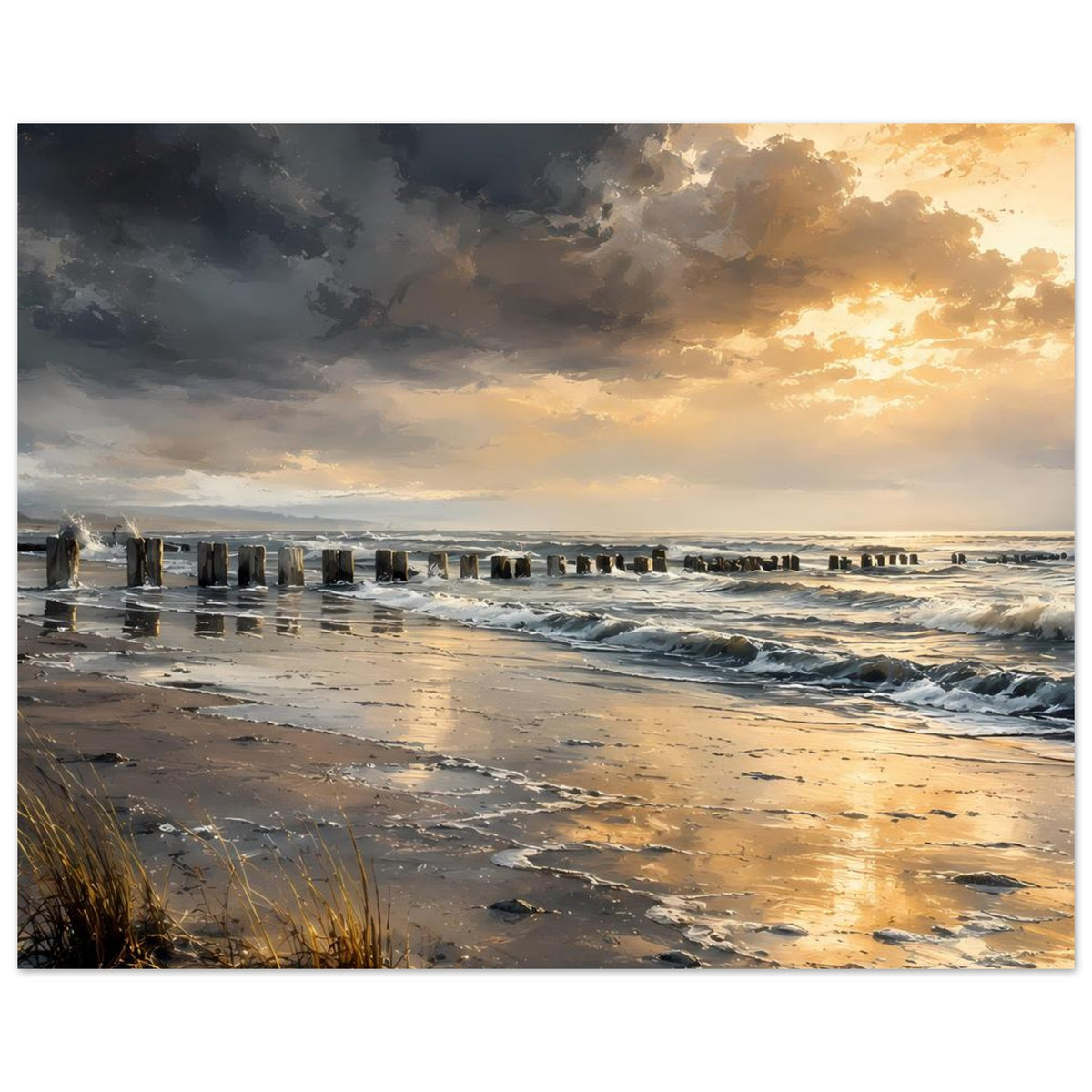 Poster im Querformat mit Sonnenuntergang über dem Meer: Wellenkämme und Pfähle