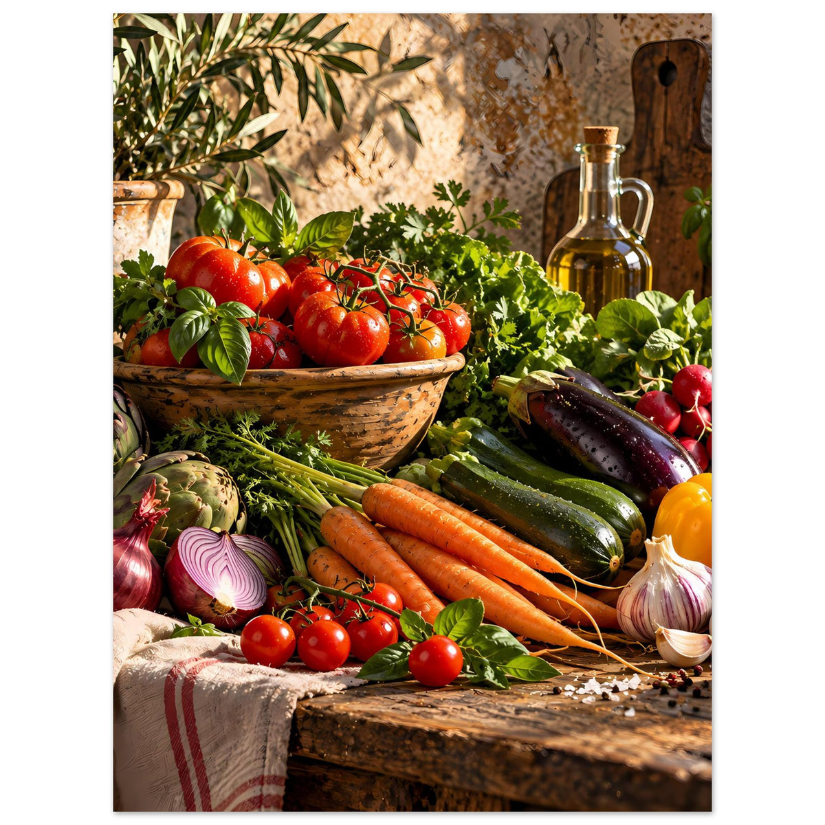 Küchenposter mit Gemüse-Motiv: Tomaten, Karotten, Zucchini, Kräuter, Ölflasche und Zwiebeln