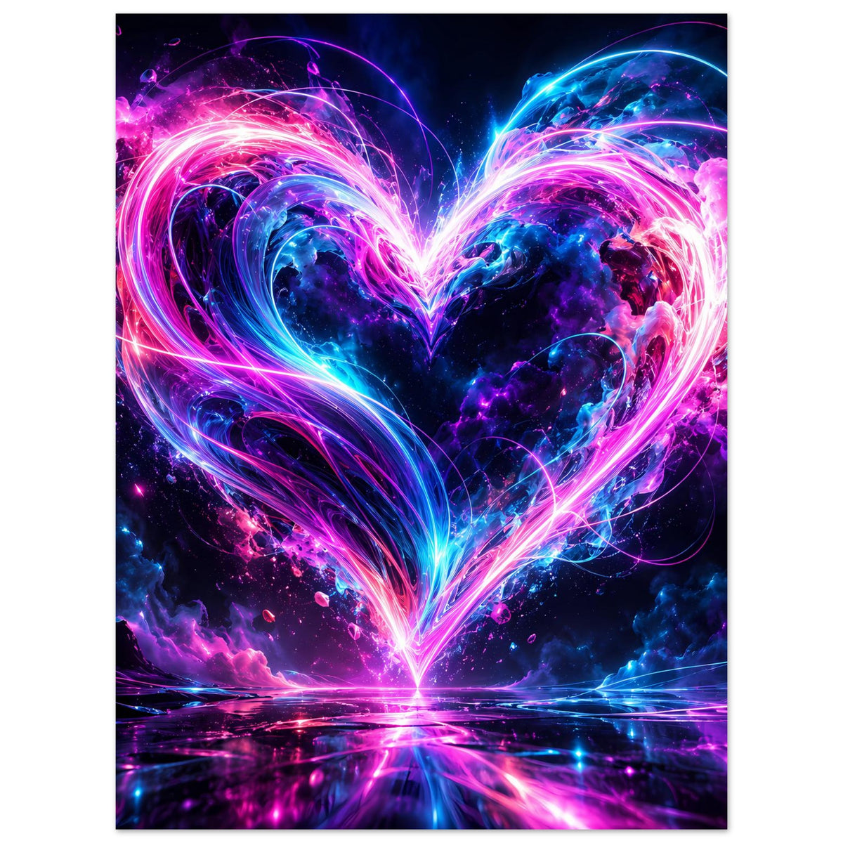 Kunstposter im Hochformat: Herz aus Neonlicht in Pink und Blau, starke Leuchtspur