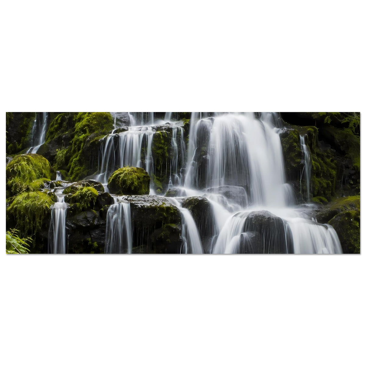 Horizontales Wasserfall-Poster mit langen Wasserläufen über Moosfelsen, querformat