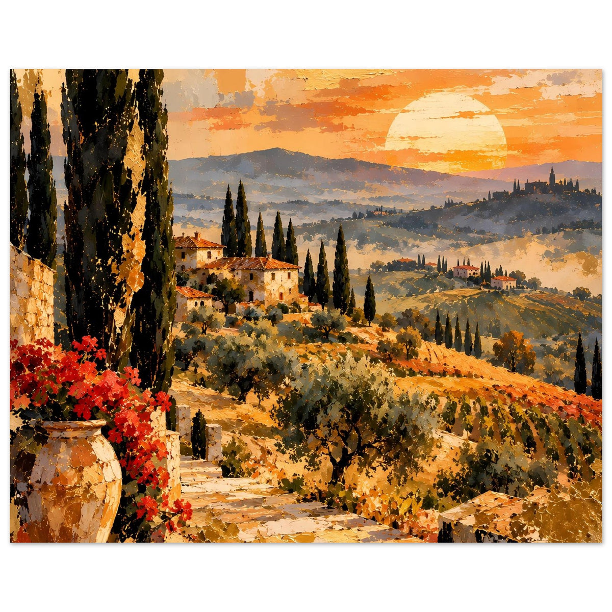 Toskana-Poster mit Sonnenuntergang, felsigem Weg, Zypressen und mediterranen Hügeln