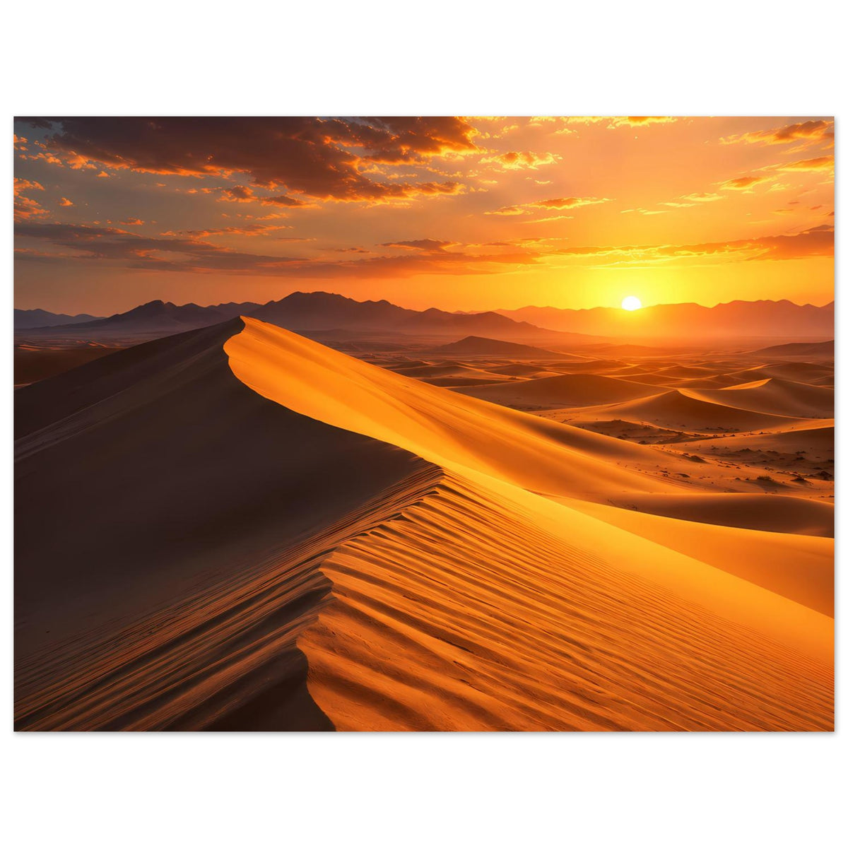 Poster mit Wüstenlandschaft: orangefarbene Dünen und helle Sonne im Sonnenuntergang