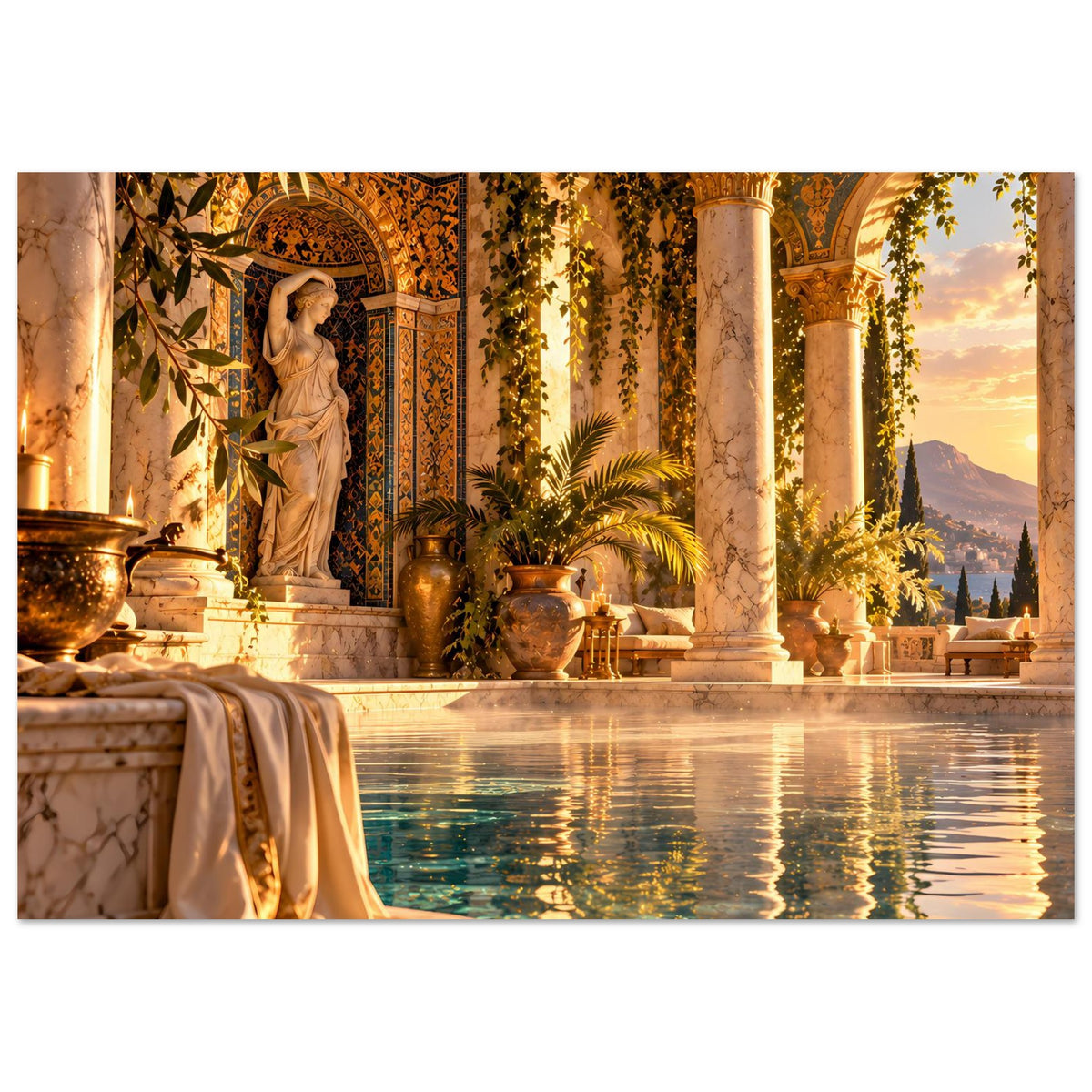 Wandposter mit Pool, Säulen und Statue in mediterraner Architektur im warmen Abendlicht