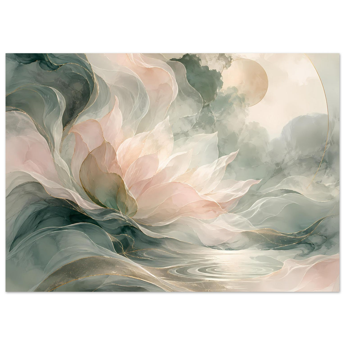 Horizontales Poster mit sanften Blüten und Wasser-/Wellenformen in Grün und Apricot