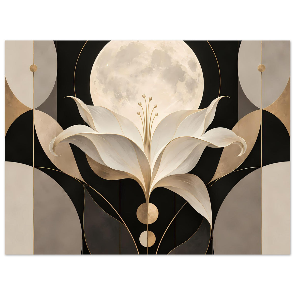 Art-déco-Poster mit cremefarbener Lilie vor Mond