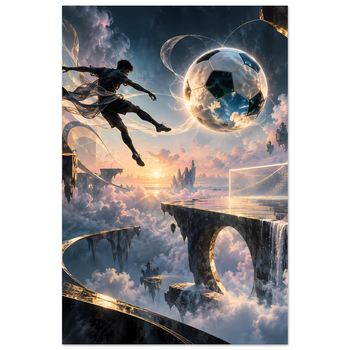 Poster mit schwebendem Fußballspieler, leuchtendem Ball und futuristischem Tor im Traumland