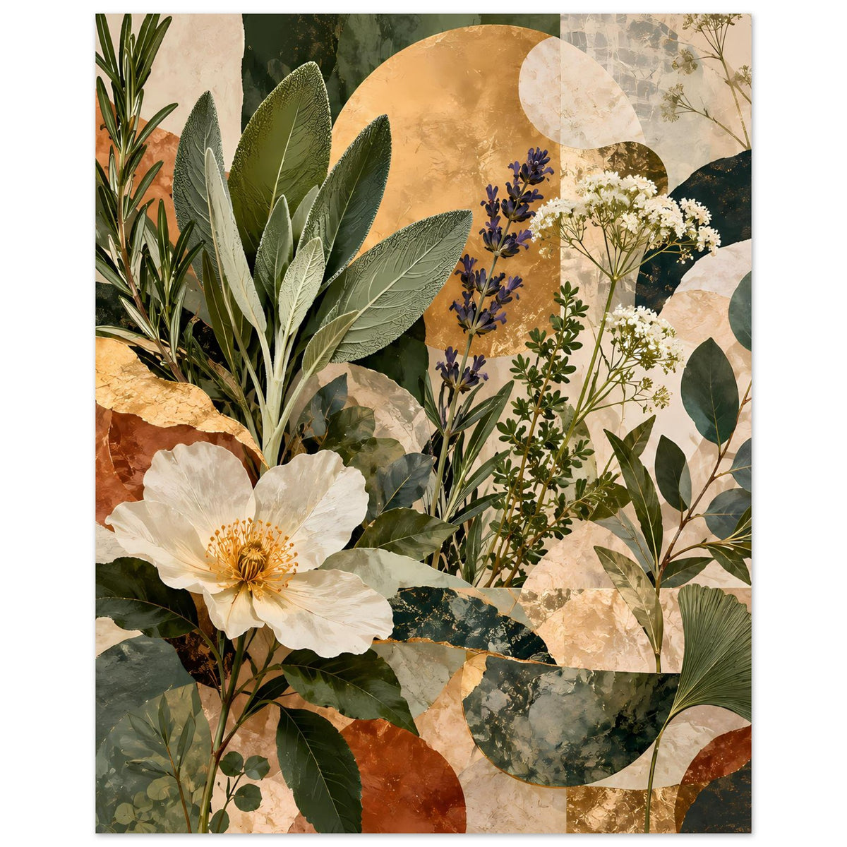 Botanisches Poster im Hochformat mit großer weißer Blüte, grünen Blättern und warmen Farbfeldern