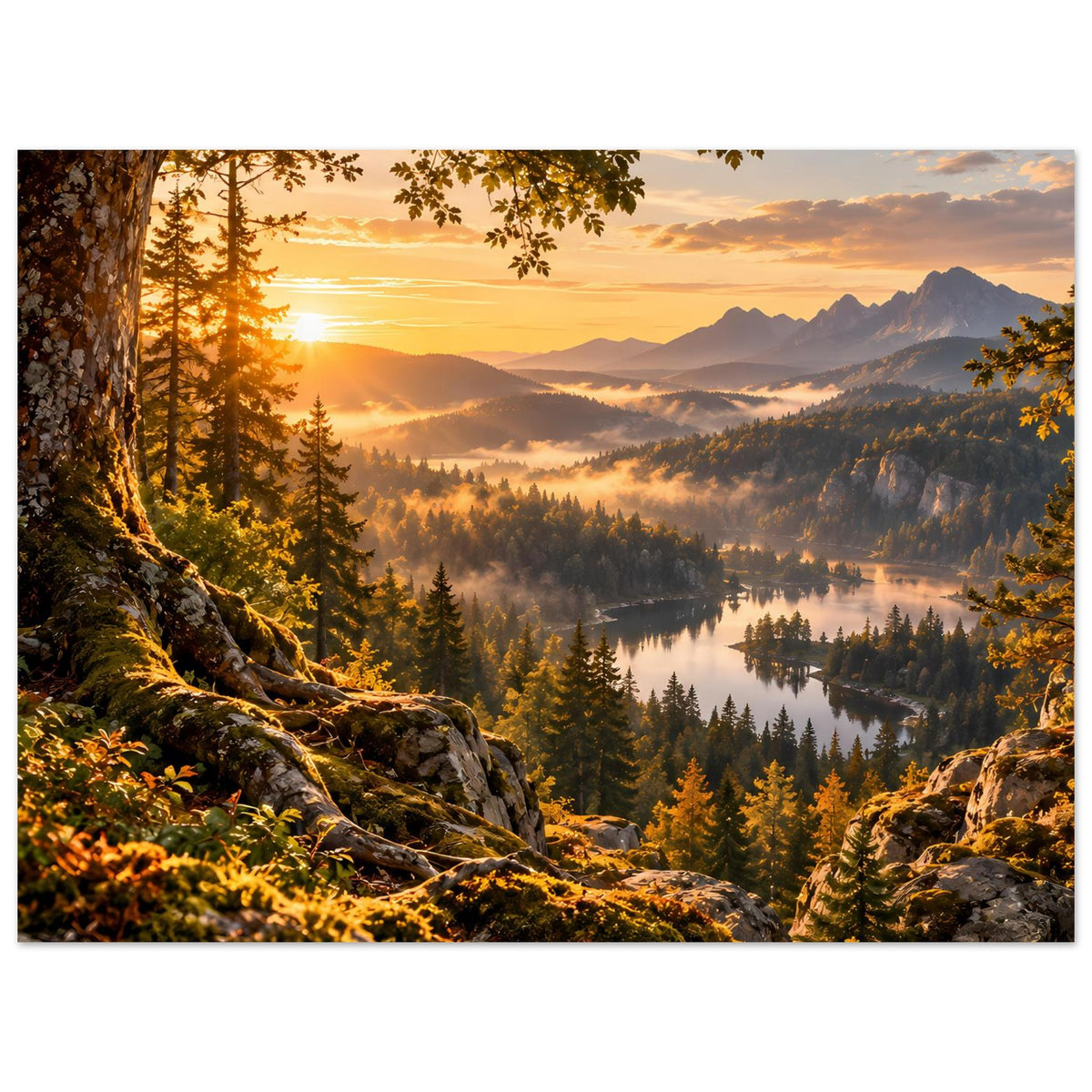 Landschaftsposter: Sonnenaufgang über Bergkette, See zwischen Nadelwäldern, warmes Licht.