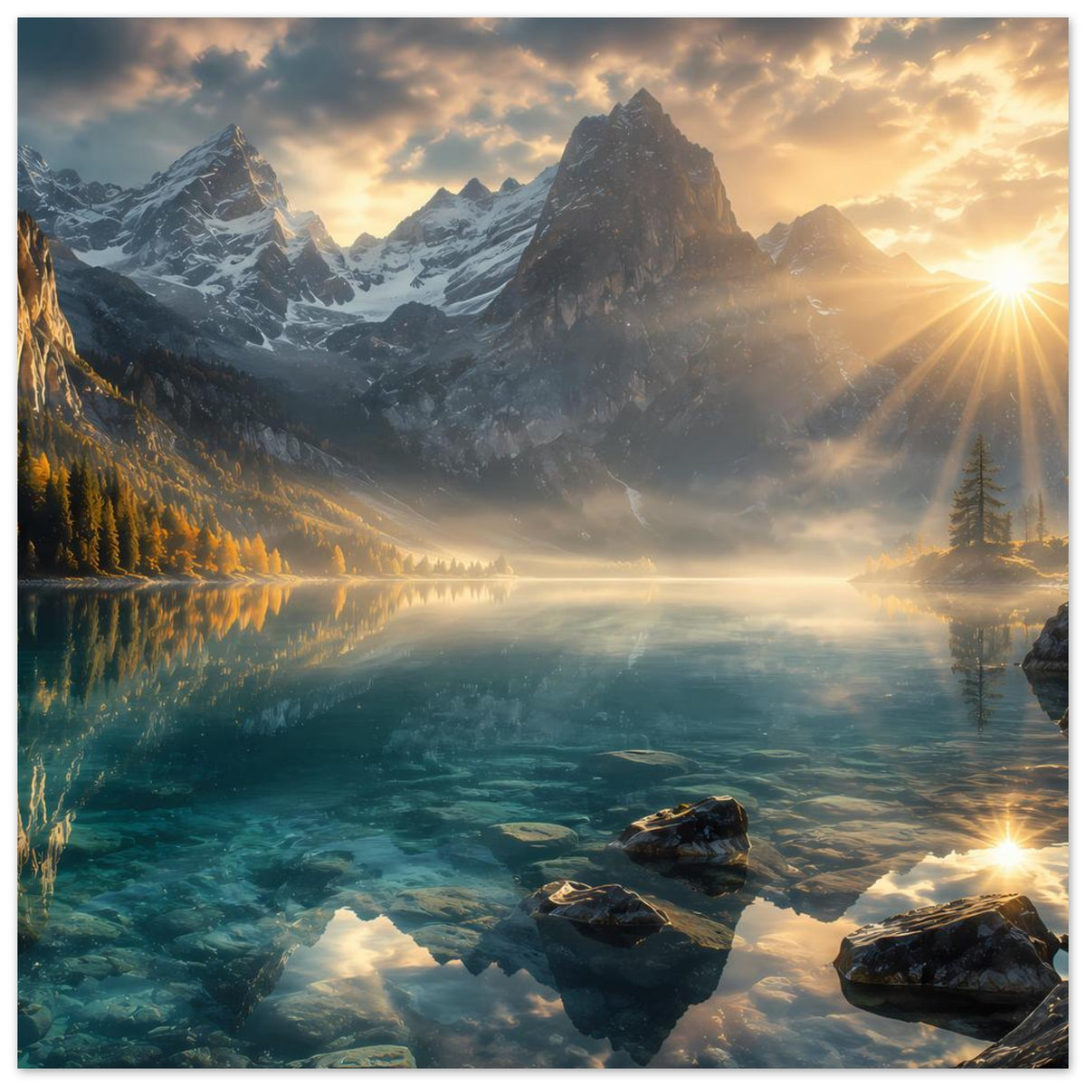 Wandposter mit Berglandschaft und spiegelndem See, Sonnenaufgangslicht und Wolkenschatten