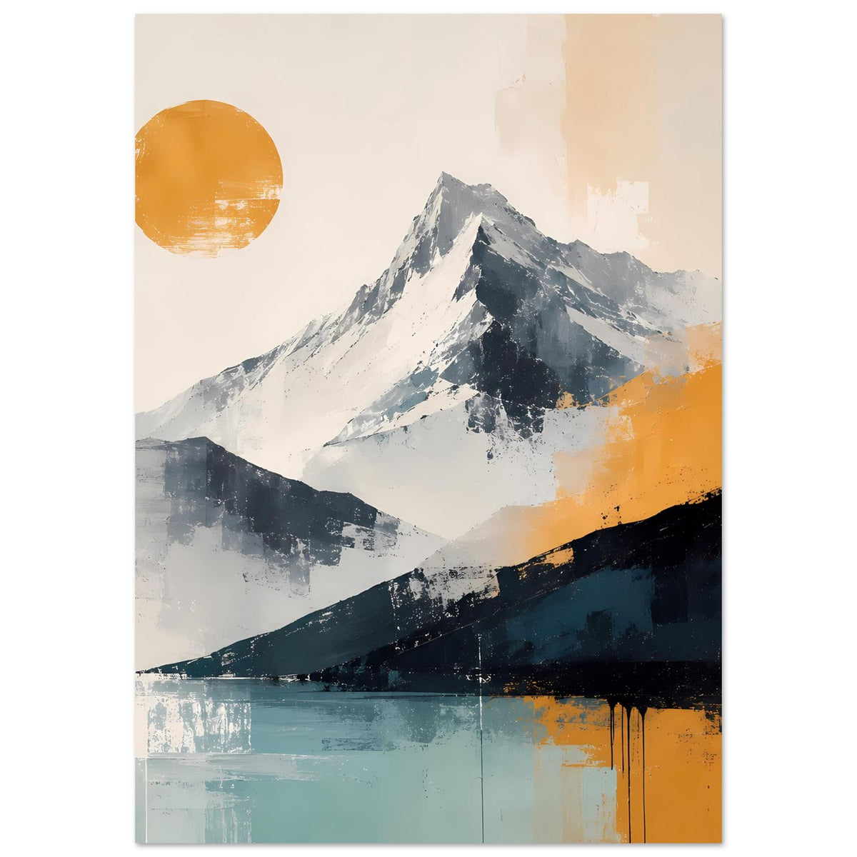 Abstraktes Kunstposter Hochformat: Berggipfel in Grau-Blau, orangefarbene Sonne und Türkis unten
