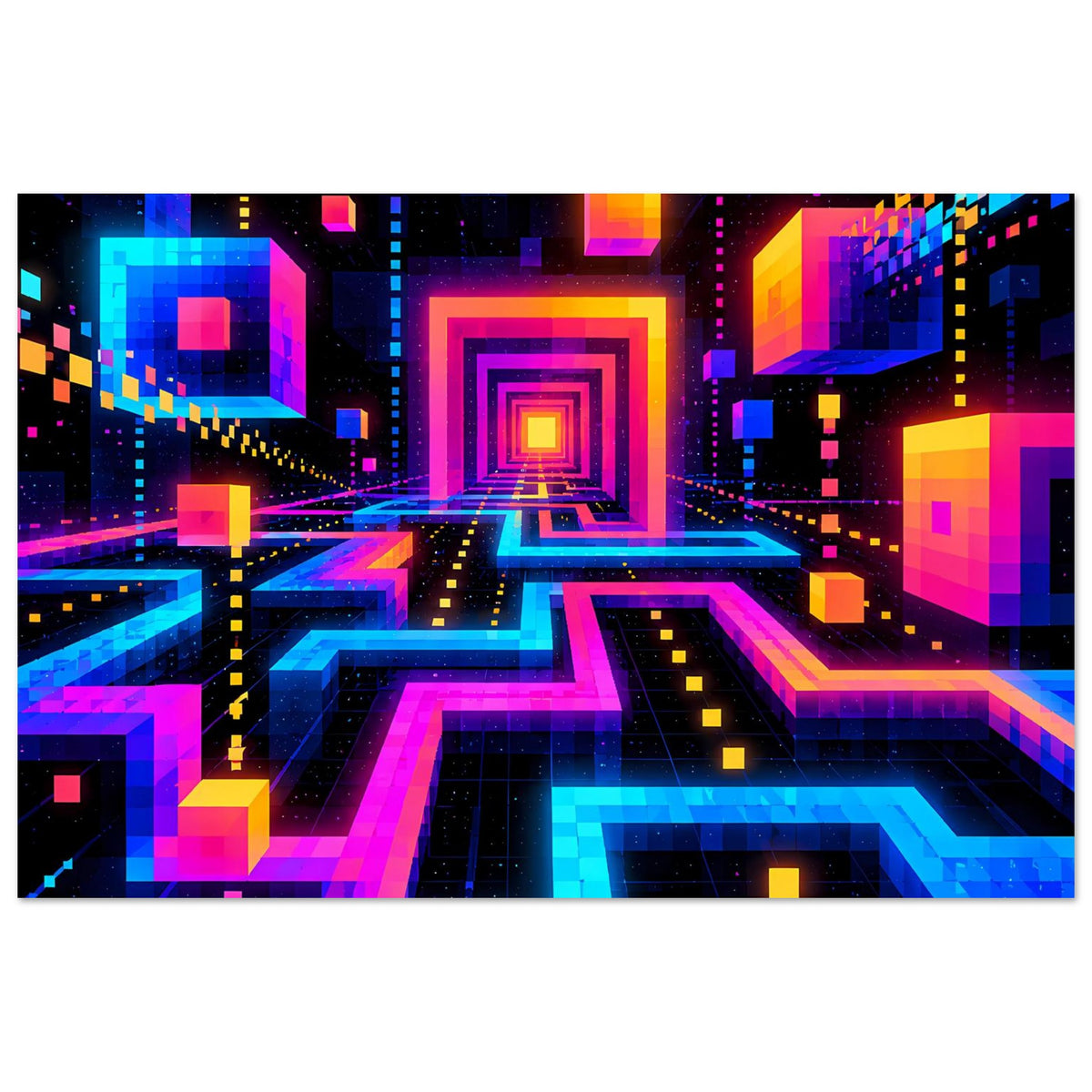 Neon-Labyrinth-Poster: symmetrischer Tunnel mit farbigen Lichtkanten und Würfeloptik, Querformat.
