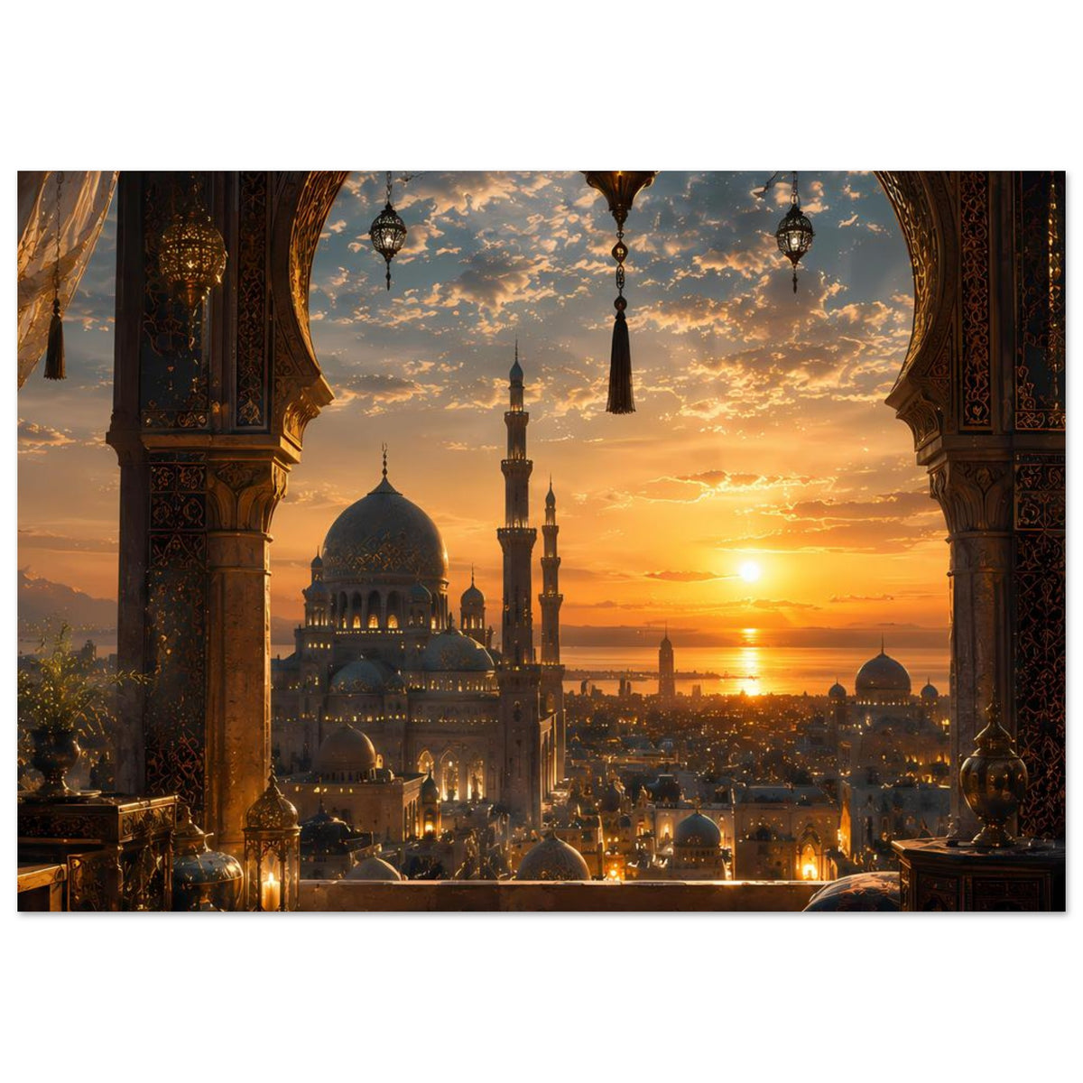 Poster mit Sonnenuntergang an der Moschee, Blick durch Rundbogen und Kuppeldach.