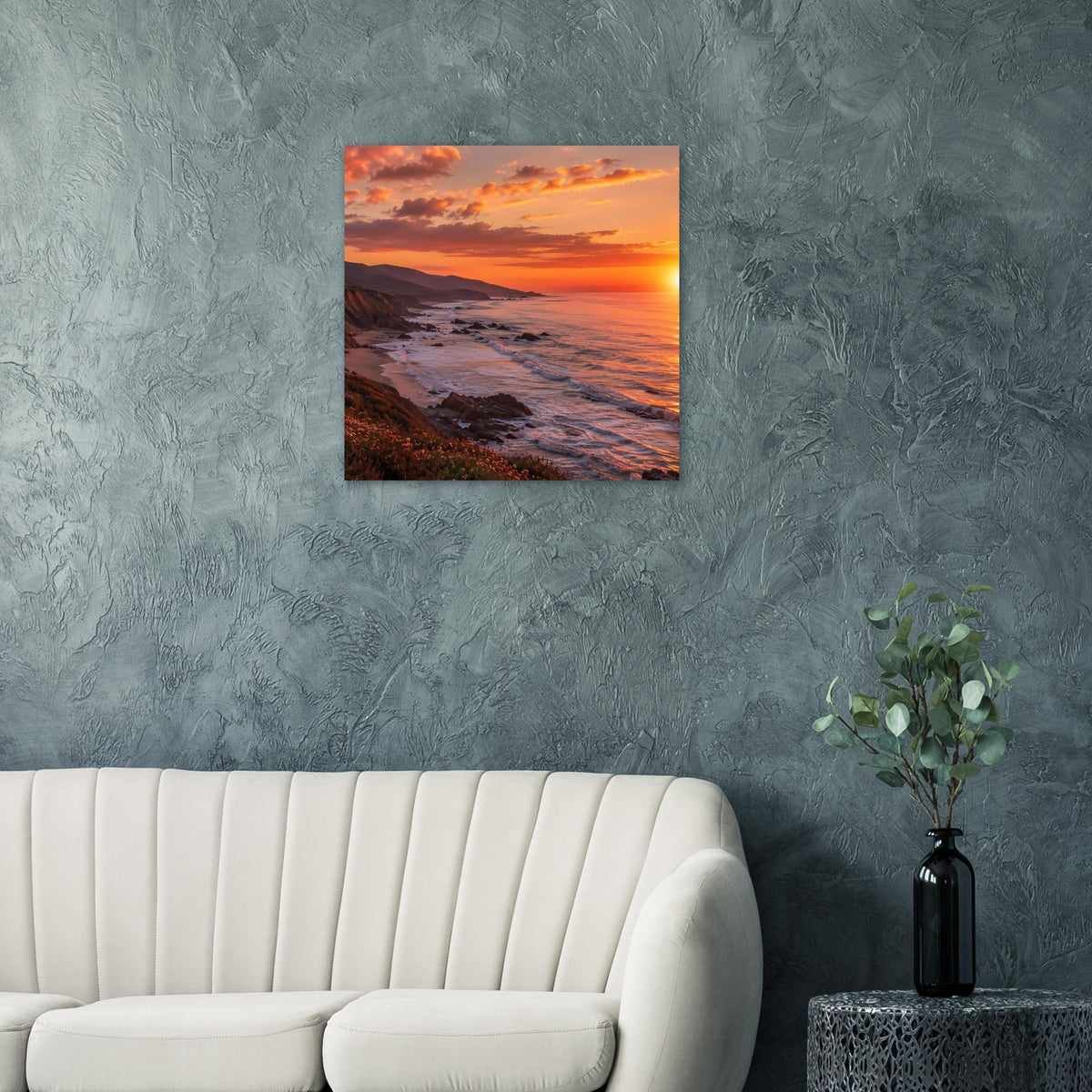 Quadratisches Poster mit Küstenlandschaft im Sonnenuntergang auf ruhigem Untergrund